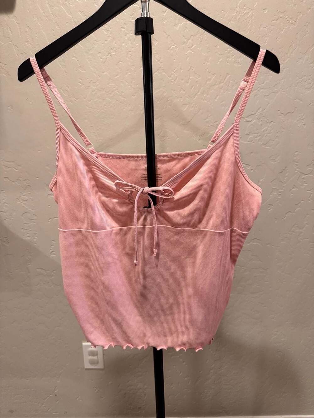 XOXO Sleepwear Pink Ribbed Tie-Front Lettuce Edge Camisole Tank Top